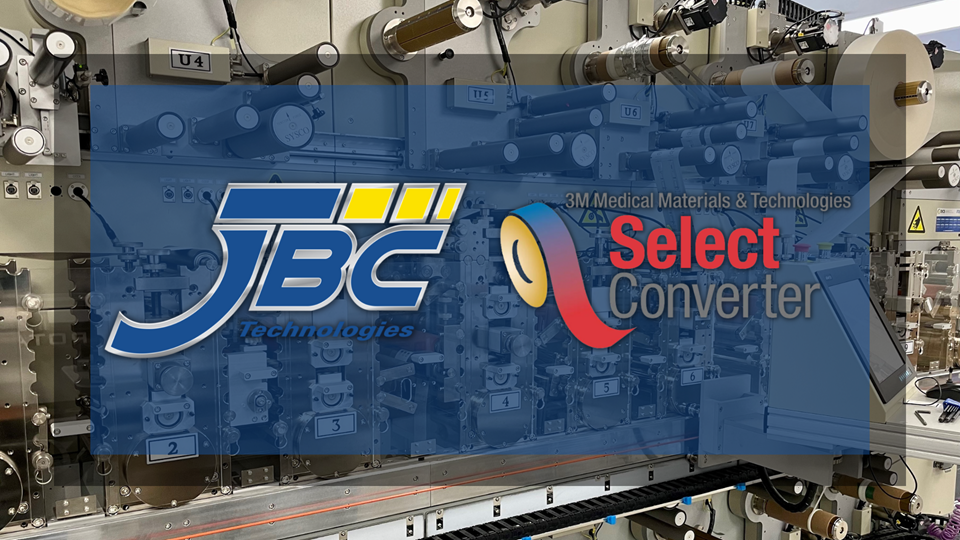 10-station DCS rotary die cutting press overlaid with the JBC Technologies and 3M Medical Materials & Technologies Select Converter logos