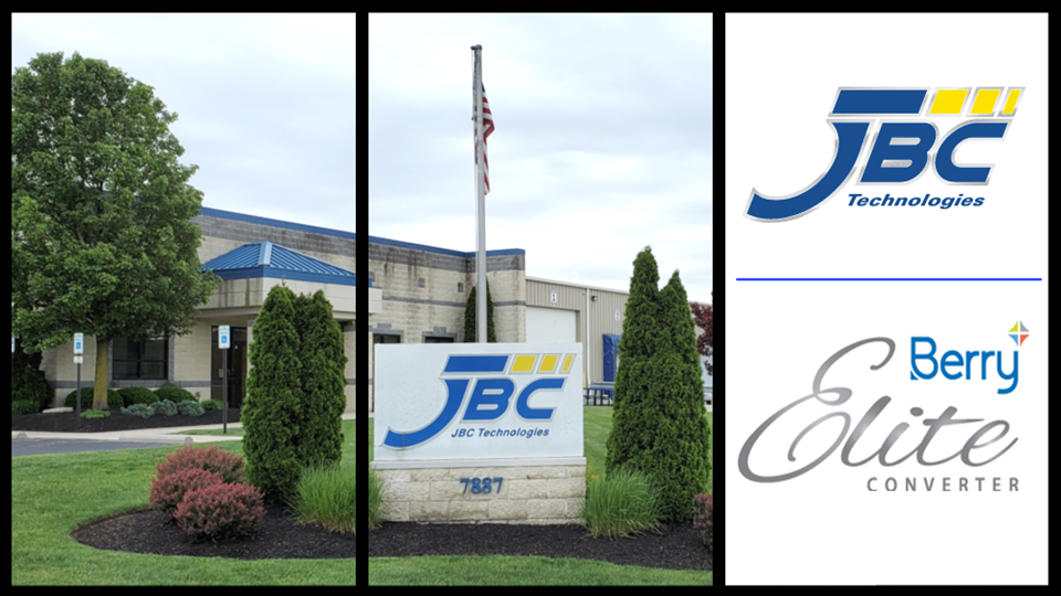 View of the JBC Technologies headquarters building with the JBC logo and Berry Elite Converter logo