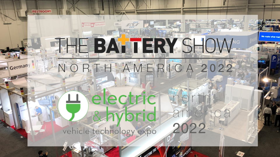 An aerial view of the 2021 Battery Show North America and Electric and Hybrid Vehicle Expo show floor with an overlay of the show logos